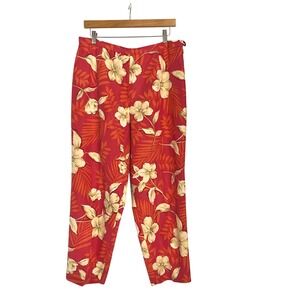 Talbots Petites Soft Red Floral Silk Linen Tapered Ankle Pant Side Zip Lined 16P